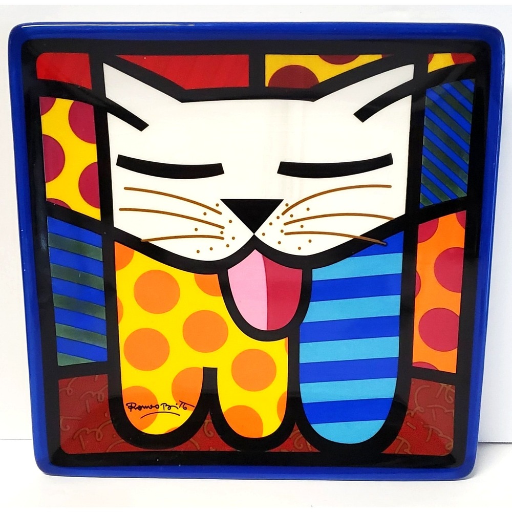 Romero Britto Bold Multicolored Ceramic Plate Happy Cat 8"x8" Crackle Glaze 2008 - Picture 4 of 9